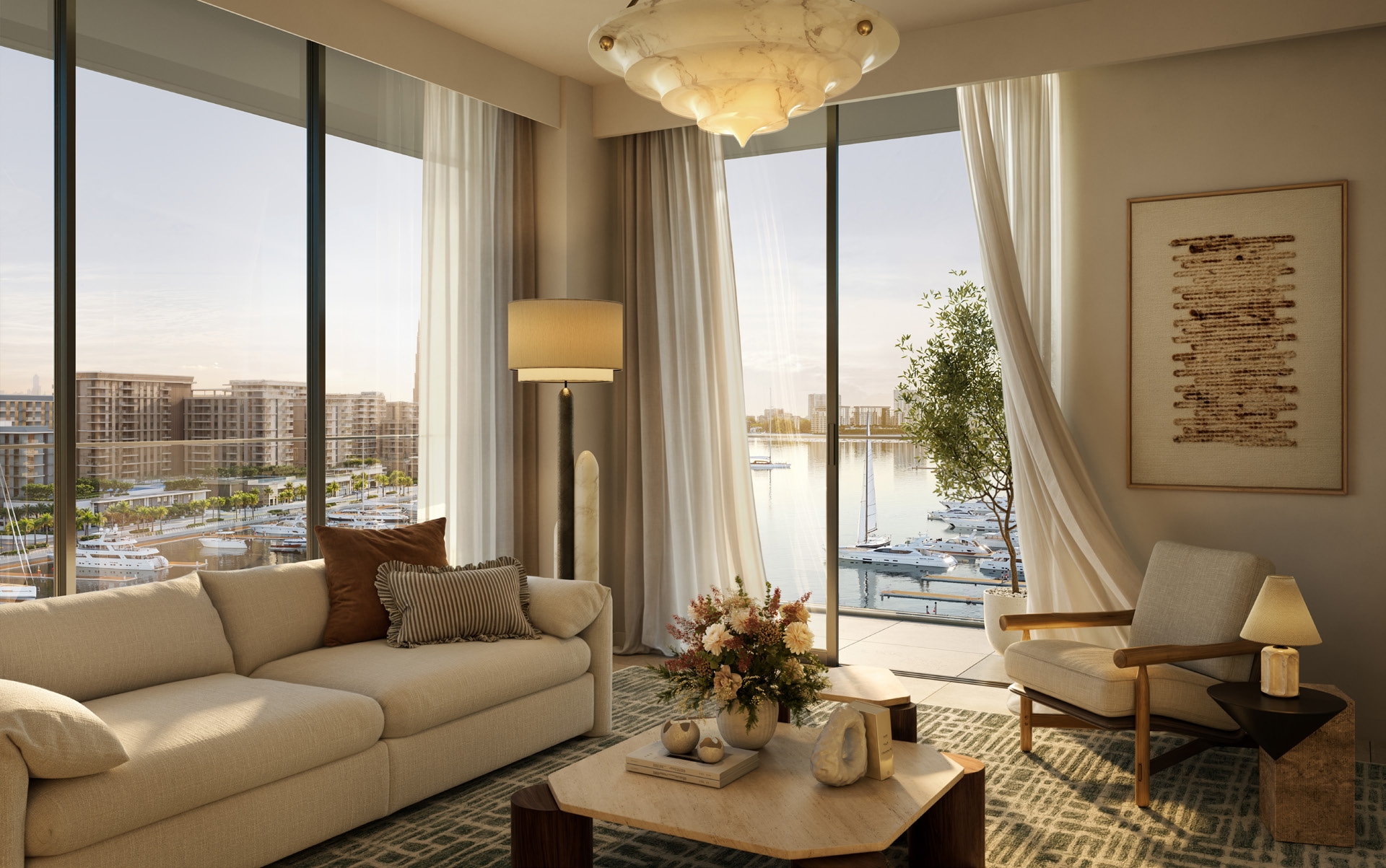 Luxury interior living room with panoramic marina views at Mina Rashid